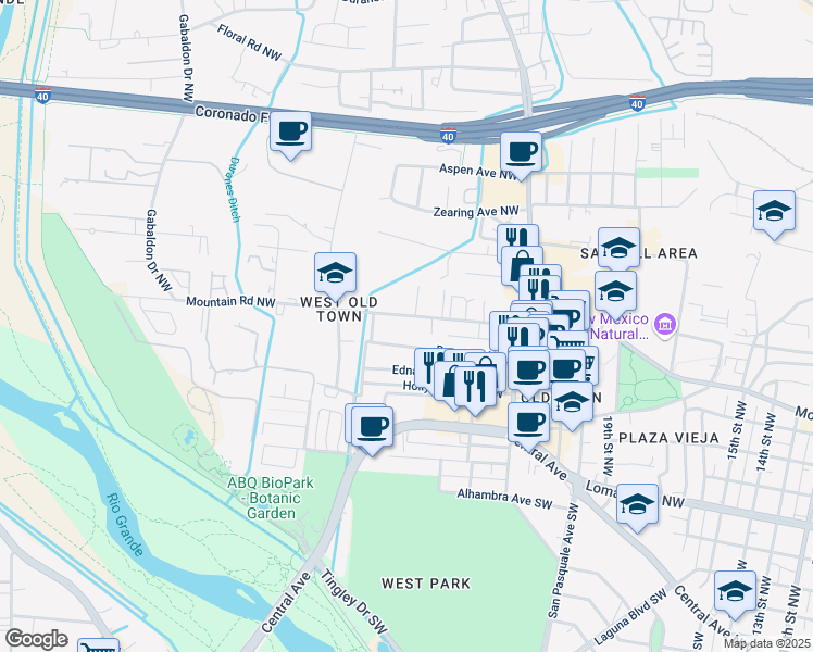map of restaurants, bars, coffee shops, grocery stores, and more near 2504 Mountain Road Northwest in Albuquerque