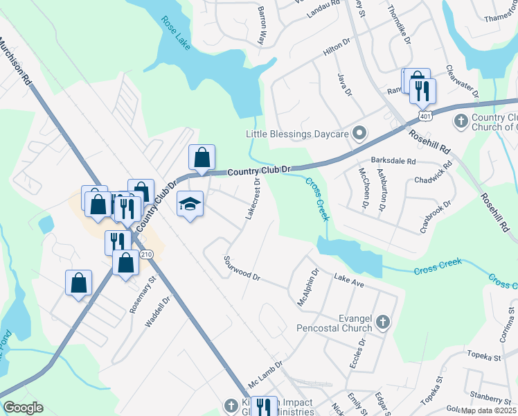 map of restaurants, bars, coffee shops, grocery stores, and more near 706 Rustland Drive in Fayetteville