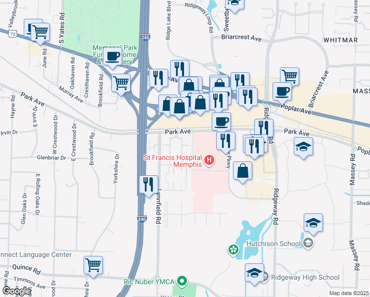 map of restaurants, bars, coffee shops, grocery stores, and more near 1204 Chamberlain Drive in Memphis