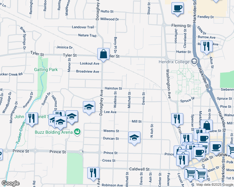 map of restaurants, bars, coffee shops, grocery stores, and more near 1410 Watkins Street in Conway