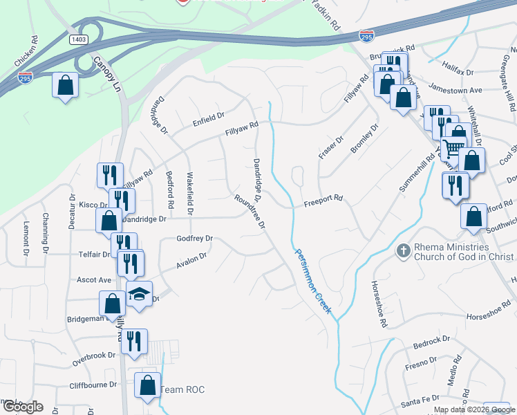 map of restaurants, bars, coffee shops, grocery stores, and more near 608 Roundtree Drive in Fayetteville