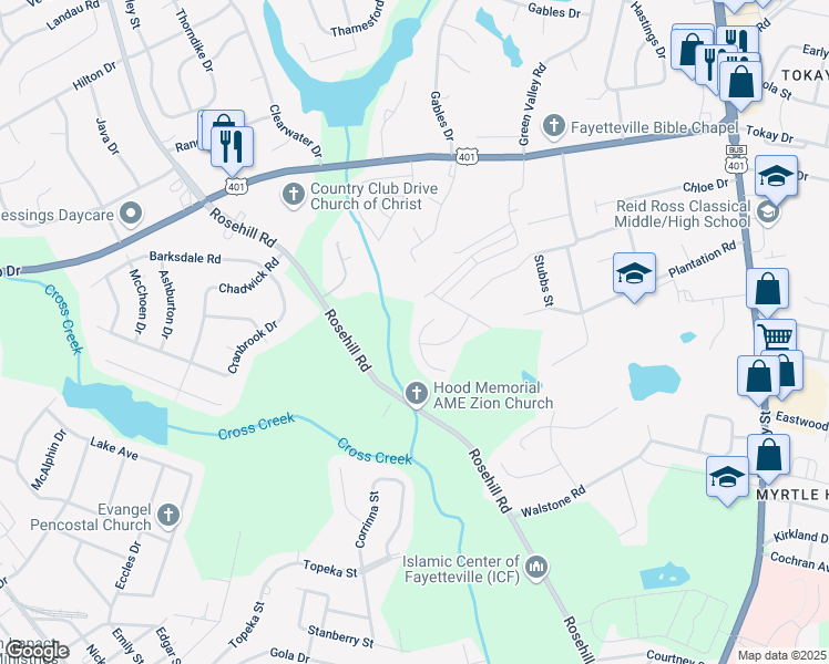 map of restaurants, bars, coffee shops, grocery stores, and more near 1621 Mount Rainer Drive in Fayetteville
