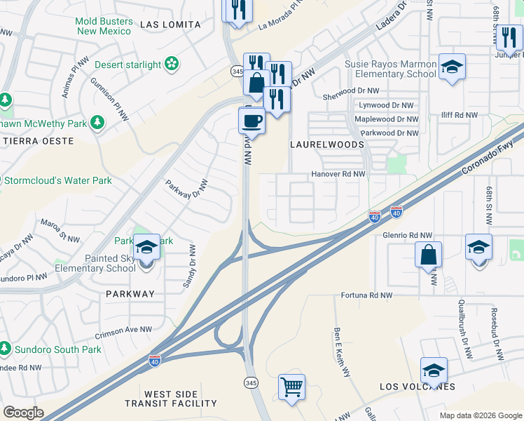 map of restaurants, bars, coffee shops, grocery stores, and more near 7923 Tafwood Road Northwest in Albuquerque