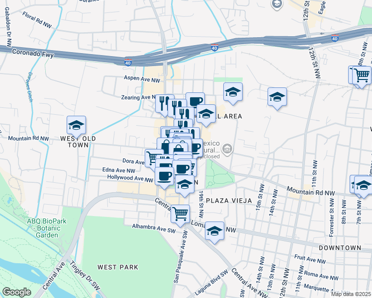 map of restaurants, bars, coffee shops, grocery stores, and more near 425 San Felipe Street Northwest in Albuquerque