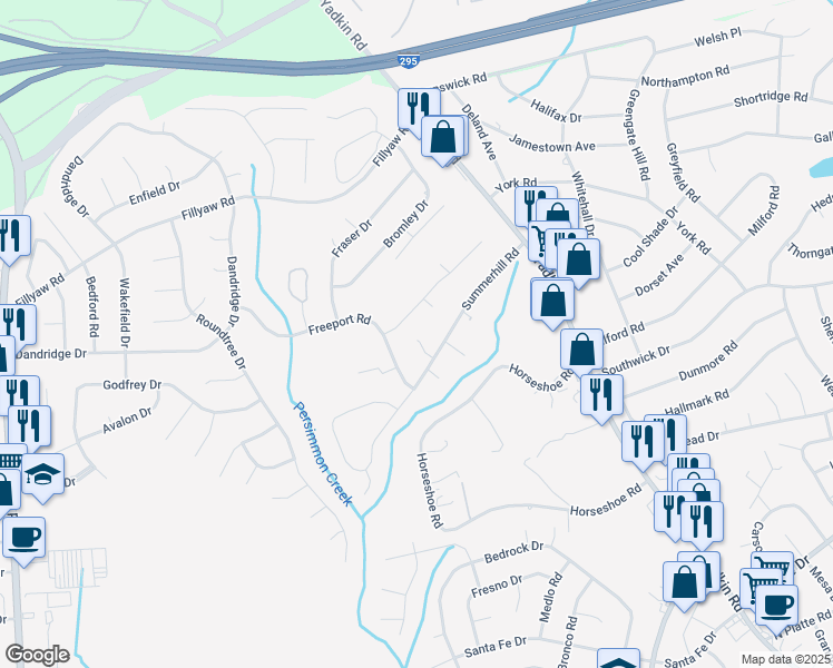 map of restaurants, bars, coffee shops, grocery stores, and more near 6429 Northfield Court in Fayetteville
