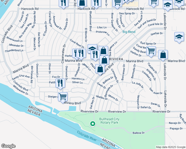 map of restaurants, bars, coffee shops, grocery stores, and more near 2045 White Sands Drive in Bullhead City