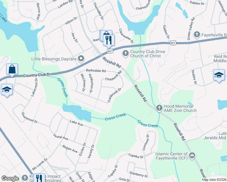 map of restaurants, bars, coffee shops, grocery stores, and more near 3521 Cranbrook Drive in Fayetteville