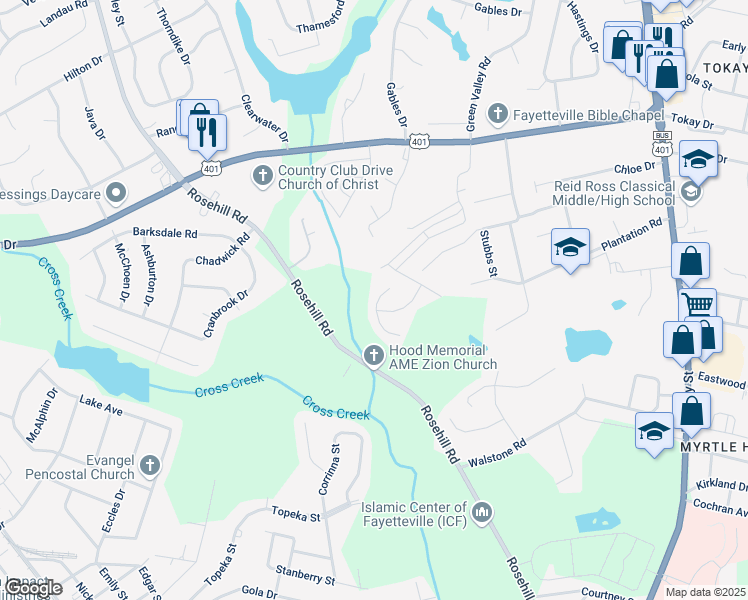 map of restaurants, bars, coffee shops, grocery stores, and more near 1621 Mount Rainer Drive in Fayetteville
