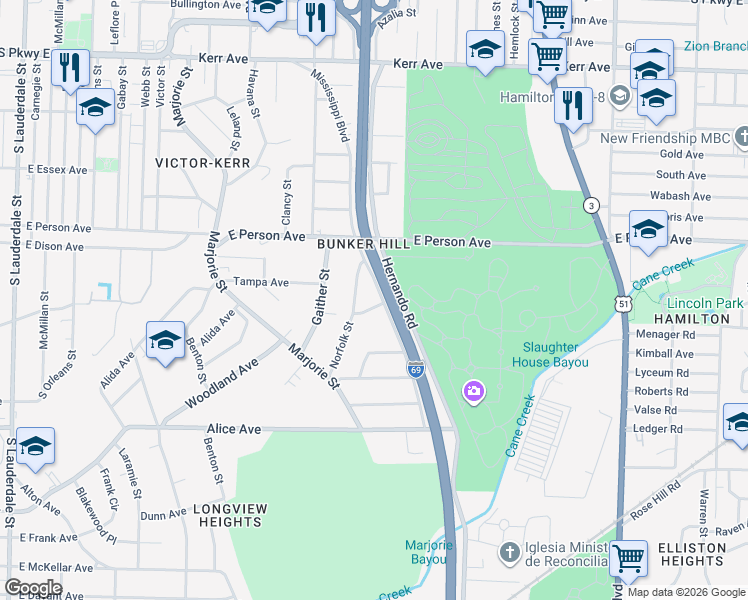 map of restaurants, bars, coffee shops, grocery stores, and more near 1020 Wichita Avenue in Memphis