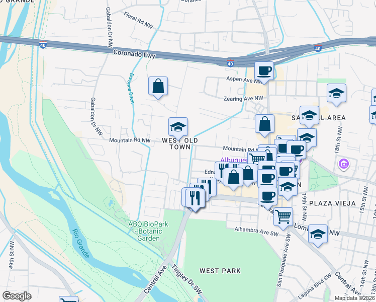map of restaurants, bars, coffee shops, grocery stores, and more near 2602 Panmunjon Road Northwest in Albuquerque