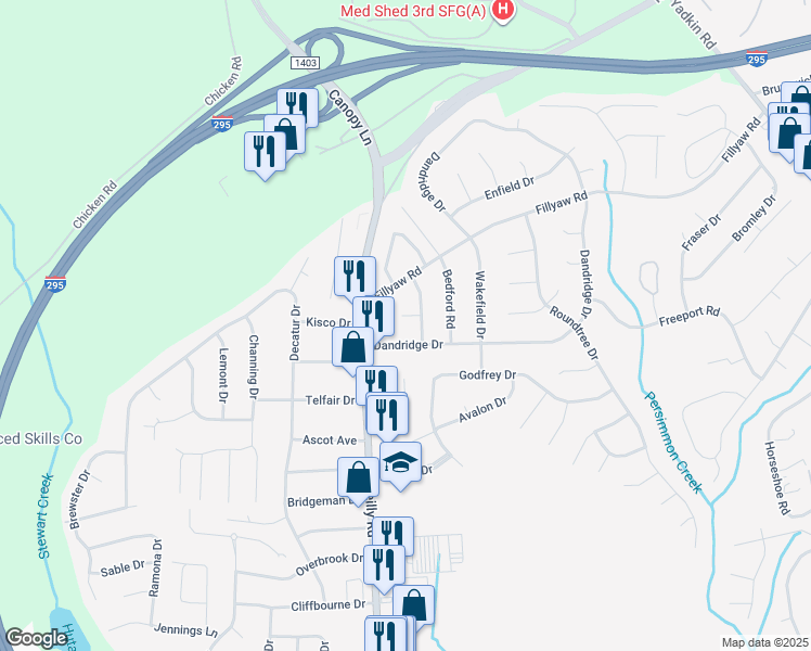 map of restaurants, bars, coffee shops, grocery stores, and more near 7175 Lansing Ct in Fayetteville