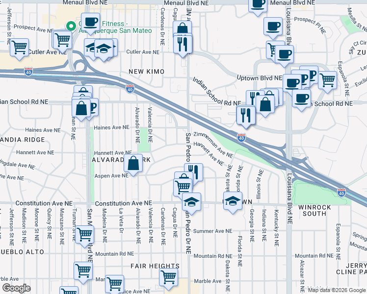 map of restaurants, bars, coffee shops, grocery stores, and more near 5910 Hannett Avenue Northeast in Albuquerque
