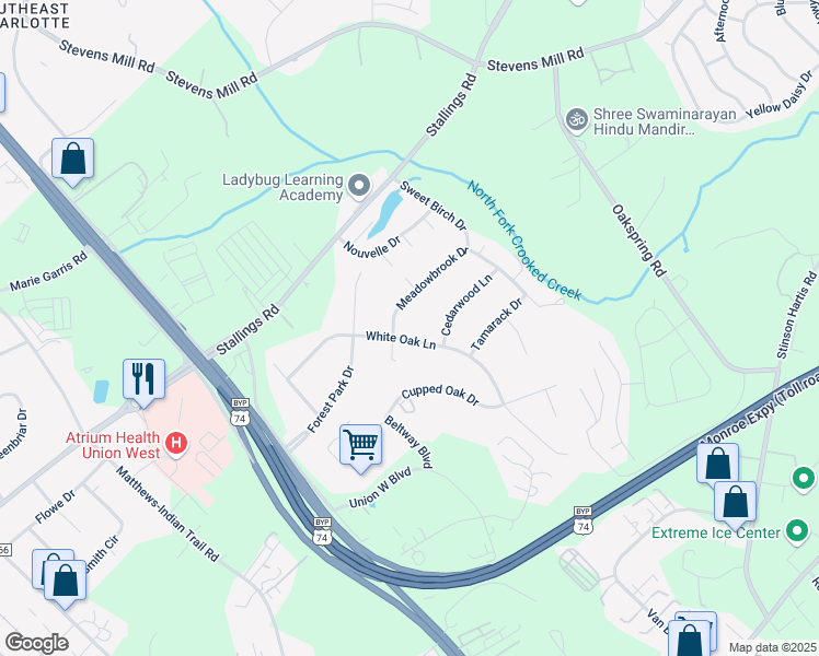 map of restaurants, bars, coffee shops, grocery stores, and more near 403 White Oak Lane in Matthews