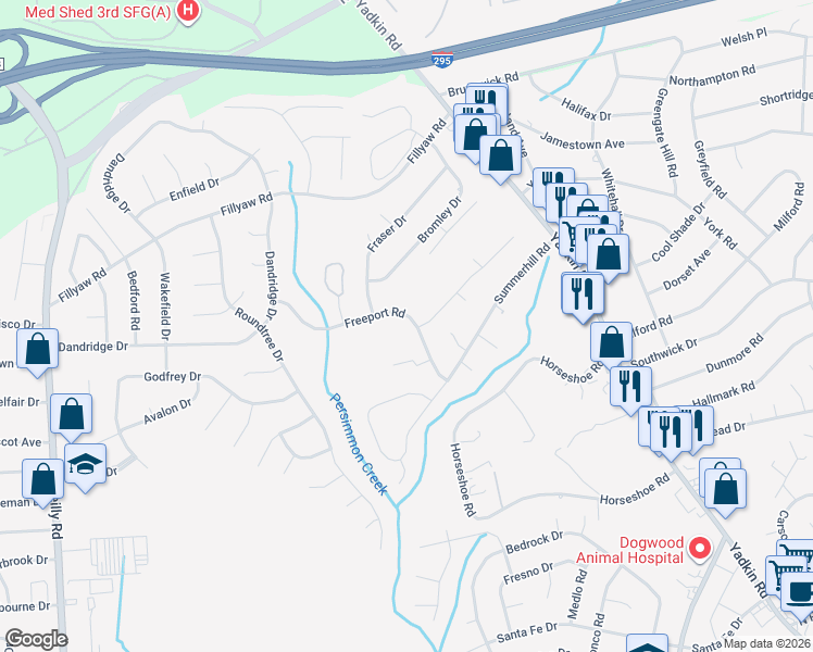 map of restaurants, bars, coffee shops, grocery stores, and more near 6435 Freeport Road in Fayetteville