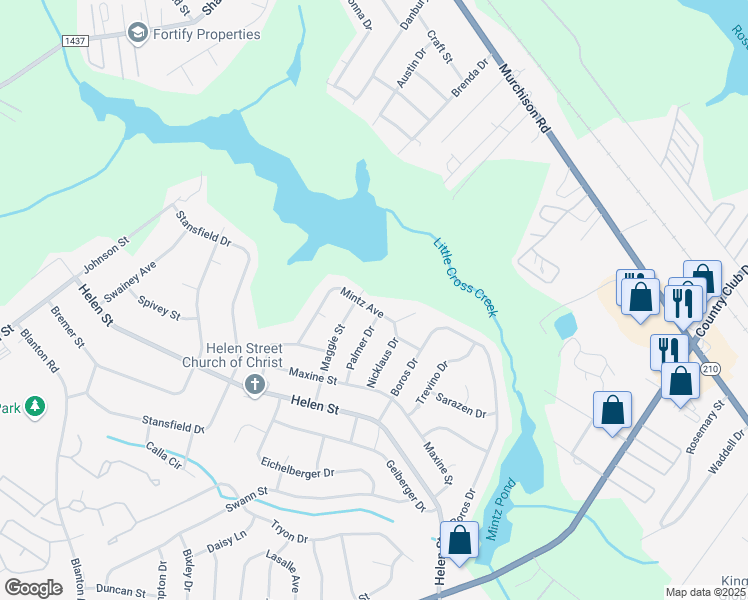 map of restaurants, bars, coffee shops, grocery stores, and more near 1557 Mintz Avenue in Fayetteville