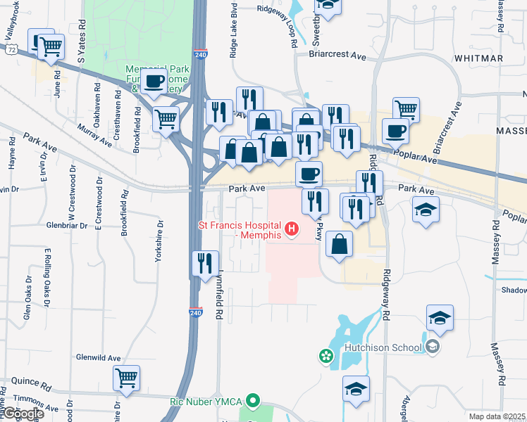 map of restaurants, bars, coffee shops, grocery stores, and more near 1204 Chamberlain Drive in Memphis