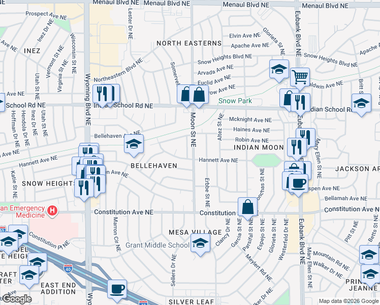 map of restaurants, bars, coffee shops, grocery stores, and more near 1600 Haines Place Northeast in Albuquerque