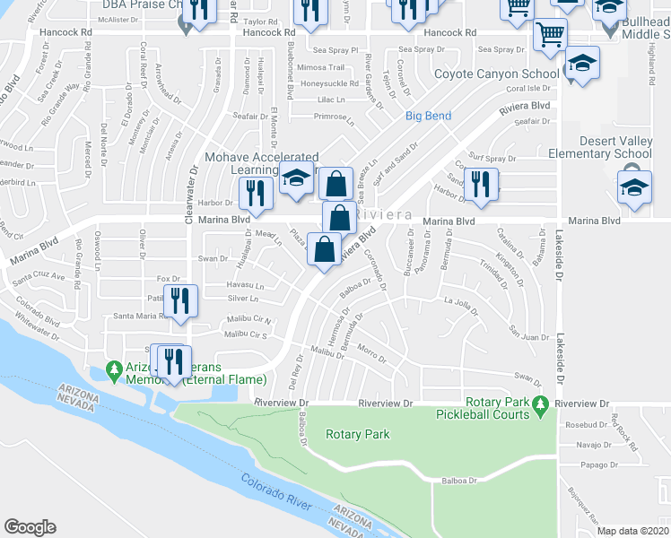 map of restaurants, bars, coffee shops, grocery stores, and more near 2074 Riviera Boulevard in Bullhead City