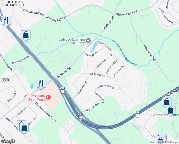 map of restaurants, bars, coffee shops, grocery stores, and more near 396 White Oak Lane in Stallings