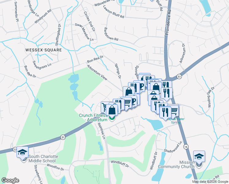 map of restaurants, bars, coffee shops, grocery stores, and more near 3338 Chilham Place in Charlotte