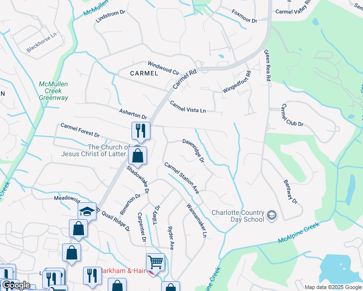map of restaurants, bars, coffee shops, grocery stores, and more near 4610 Dawnridge Drive in Charlotte