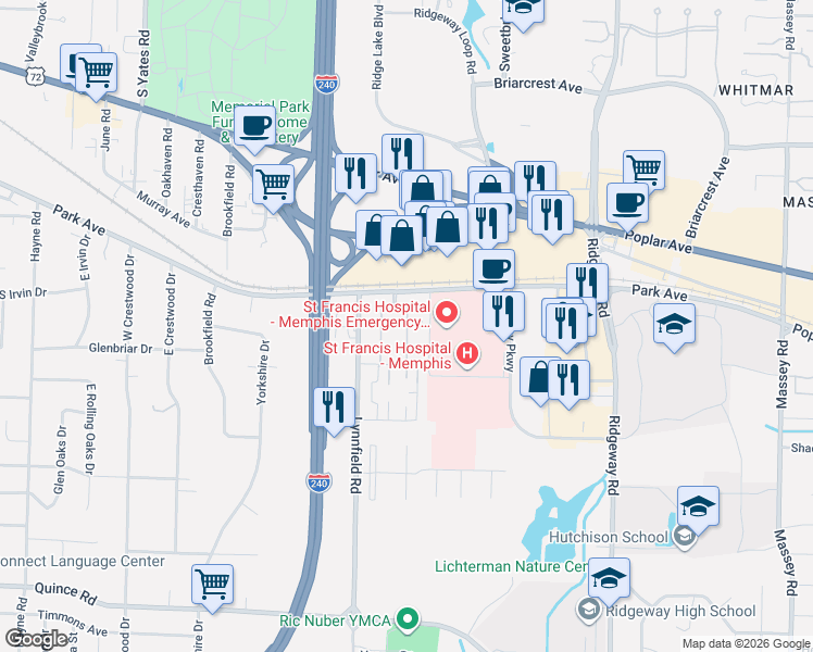 map of restaurants, bars, coffee shops, grocery stores, and more near 1204 Chamberlain Drive in Memphis