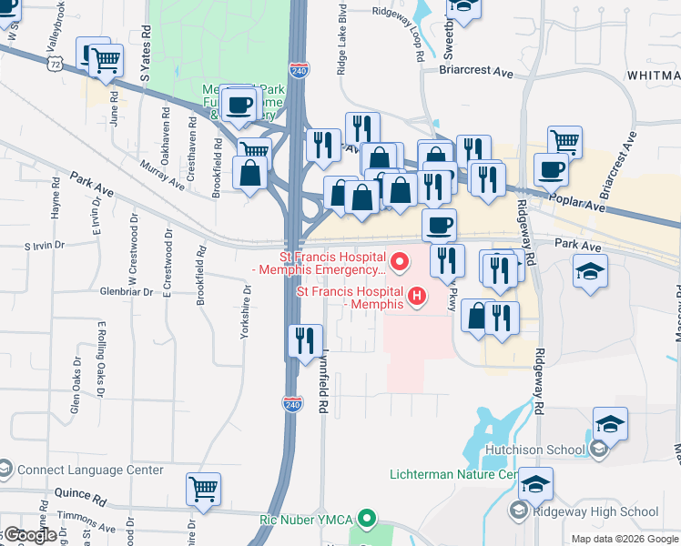 map of restaurants, bars, coffee shops, grocery stores, and more near 1205 Bristol Drive in Memphis