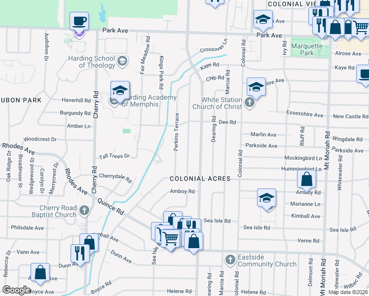 map of restaurants, bars, coffee shops, grocery stores, and more near 1214 Perkins Terrace in Memphis