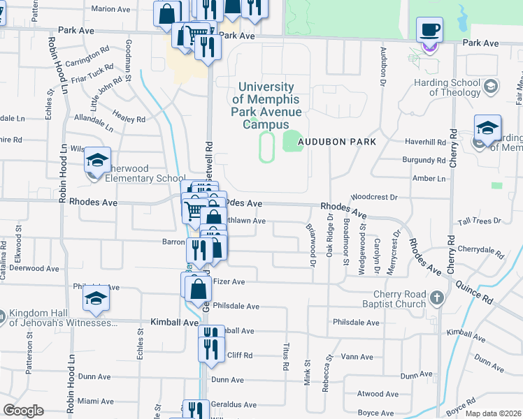 map of restaurants, bars, coffee shops, grocery stores, and more near 1209 Dogwood Drive in Memphis