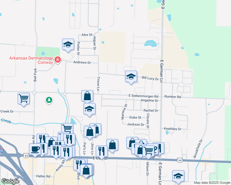 map of restaurants, bars, coffee shops, grocery stores, and more near 1520 Angeline Drive in Conway