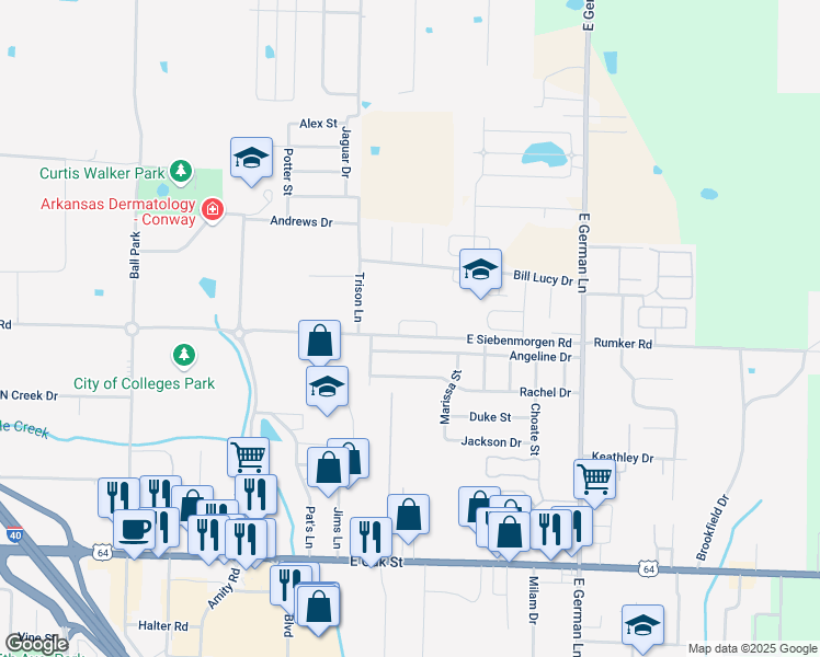 map of restaurants, bars, coffee shops, grocery stores, and more near 1520 Angeline Drive in Conway