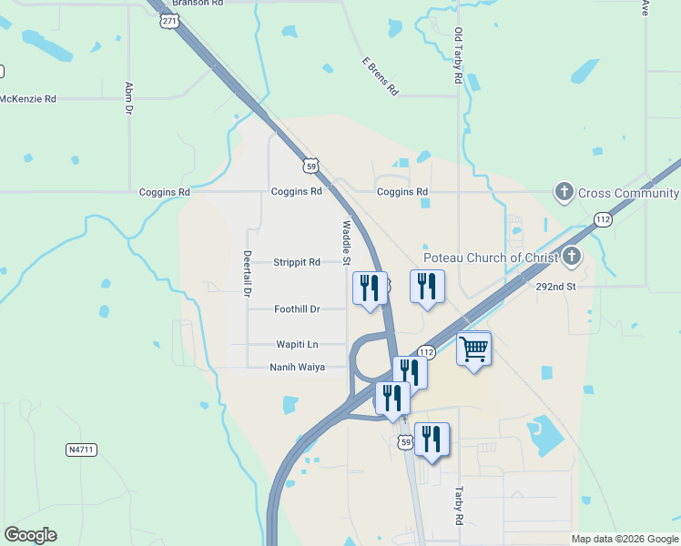 map of restaurants, bars, coffee shops, grocery stores, and more near 107 Strippit Road in Poteau