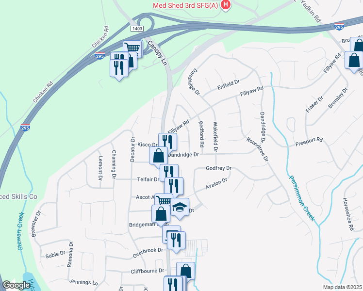 map of restaurants, bars, coffee shops, grocery stores, and more near 7175 Lansing Court in Fayetteville