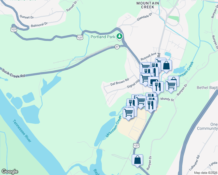 map of restaurants, bars, coffee shops, grocery stores, and more near 164 Dal Brown Road in Chattanooga