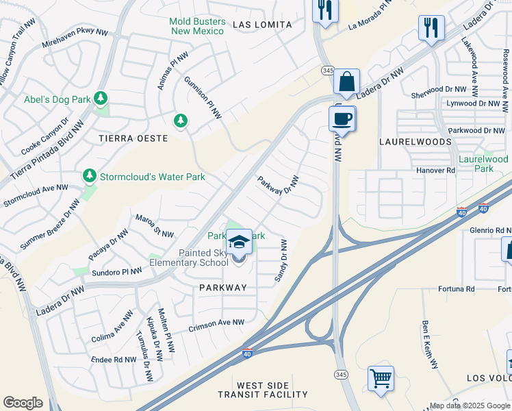 map of restaurants, bars, coffee shops, grocery stores, and more near 8127 Sheffield Place Northwest in Albuquerque