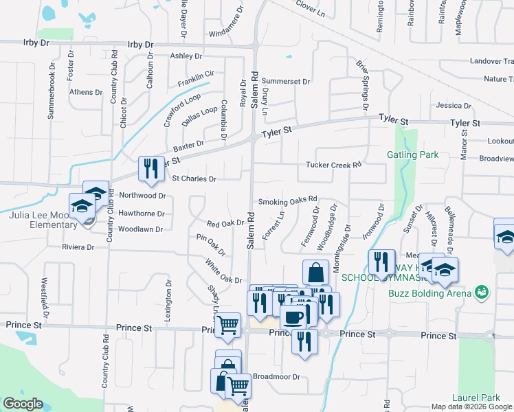 map of restaurants, bars, coffee shops, grocery stores, and more near 35 Forrest Court in Conway