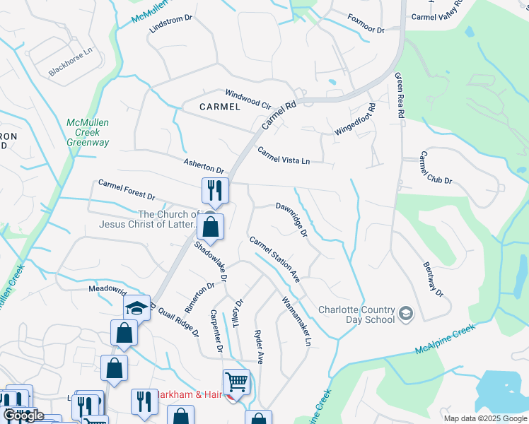 map of restaurants, bars, coffee shops, grocery stores, and more near 4610 Dawnridge Drive in Charlotte