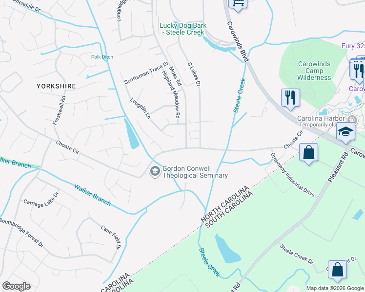 map of restaurants, bars, coffee shops, grocery stores, and more near 14746 Choate Circle in Charlotte