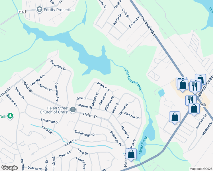 map of restaurants, bars, coffee shops, grocery stores, and more near 1557 Mintz Avenue in Fayetteville