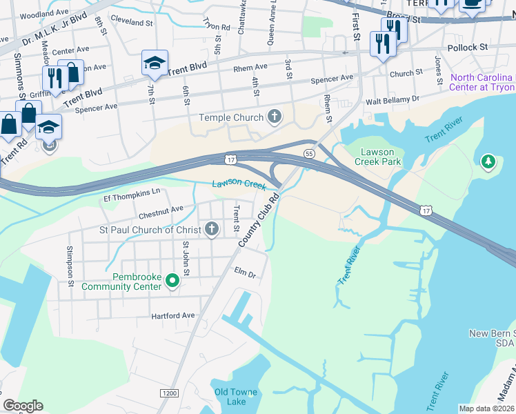 map of restaurants, bars, coffee shops, grocery stores, and more near 1802 Country Club Rd in New Bern