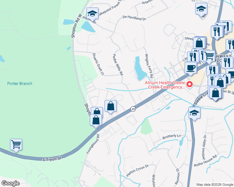 map of restaurants, bars, coffee shops, grocery stores, and more near 14237 Tamarack Drive in Charlotte