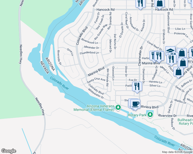 map of restaurants, bars, coffee shops, grocery stores, and more near 314 Santa Cruz Avenue in Bullhead City