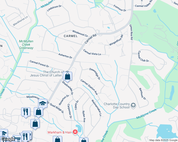 map of restaurants, bars, coffee shops, grocery stores, and more near 4610 Dawnridge Drive in Charlotte