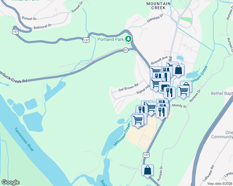 map of restaurants, bars, coffee shops, grocery stores, and more near 164 Dal Brown Road in Chattanooga