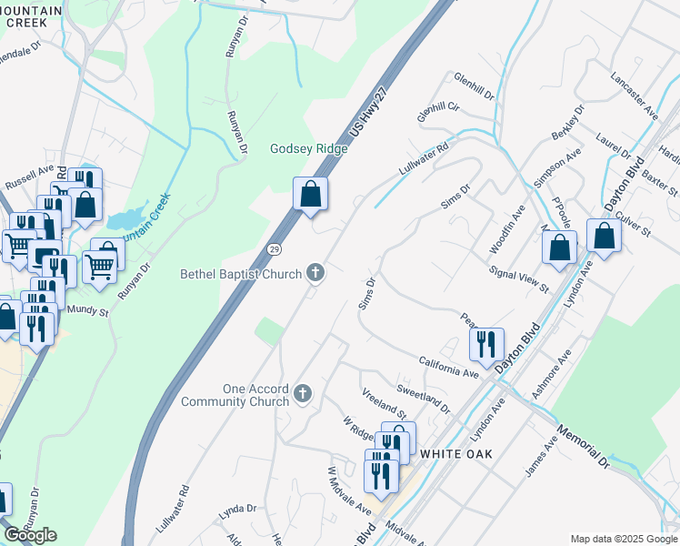 map of restaurants, bars, coffee shops, grocery stores, and more near 798 Lullwater Road in Chattanooga