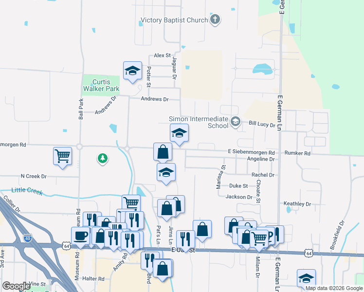 map of restaurants, bars, coffee shops, grocery stores, and more near 1440 Angeline Drive in Conway