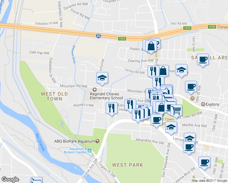 map of restaurants, bars, coffee shops, grocery stores, and more near 2602 Panmunjon Road Northwest in Albuquerque