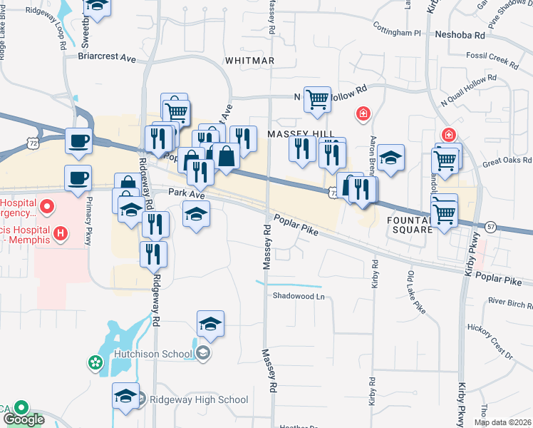 map of restaurants, bars, coffee shops, grocery stores, and more near 6330 Poplar Pike in Memphis