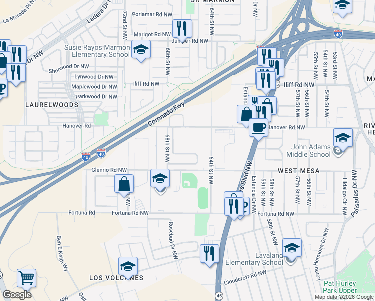 map of restaurants, bars, coffee shops, grocery stores, and more near 1109 Telstar Loop Northwest in Albuquerque