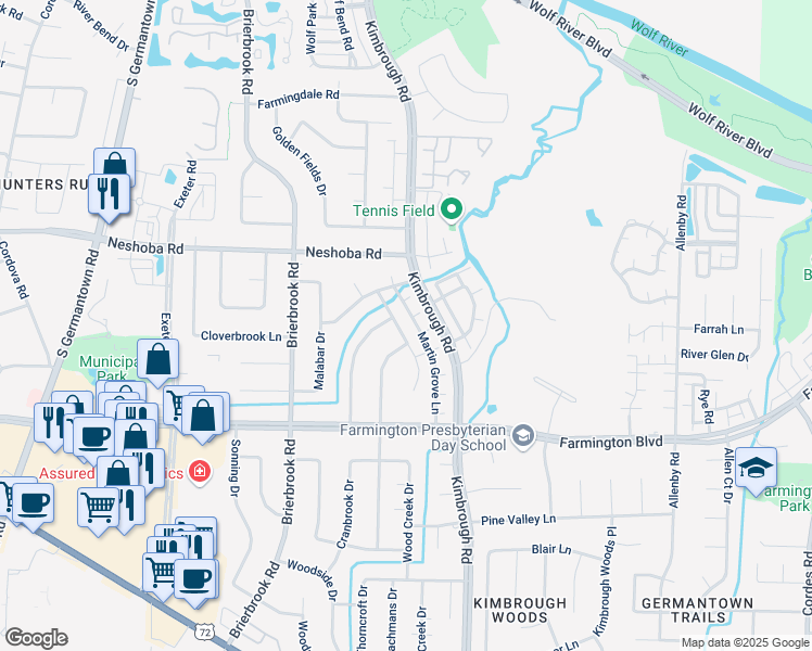 map of restaurants, bars, coffee shops, grocery stores, and more near 1844 Grenville Drive in Germantown